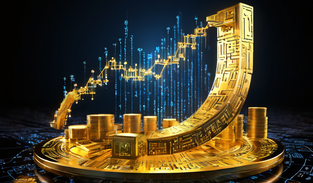 블록체인 거래의 가치를 상징적으로 표현한 이미지로, 빛나는 거래 ID 코드가 금화와 상승하는 금융 차트로 변환되는 과정을 보여줍니다.