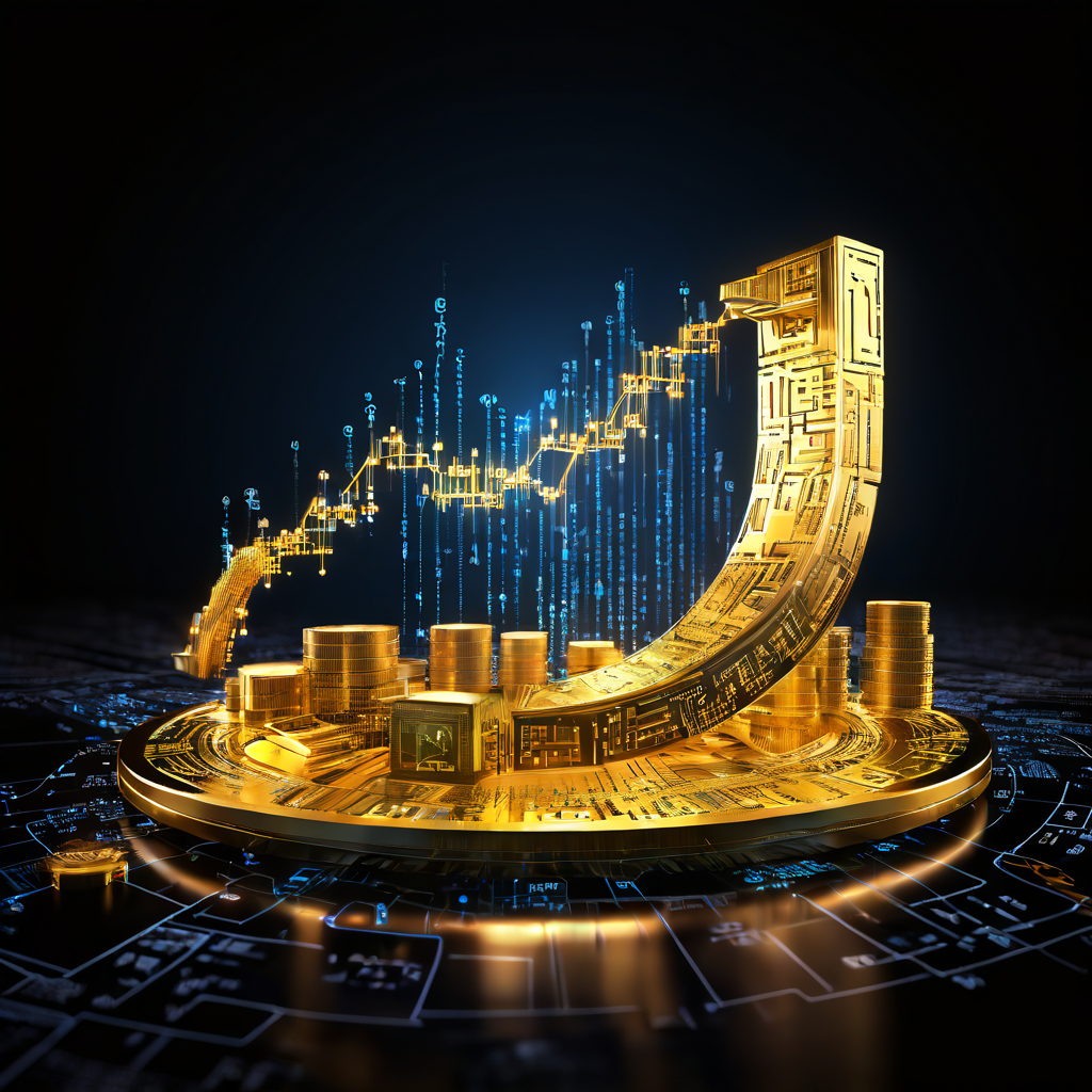 블록체인 거래의 가치를 상징적으로 표현한 이미지로, 빛나는 거래 ID 코드가 금화와 상승하는 금융 차트로 변환되는 과정을 보여줍니다.