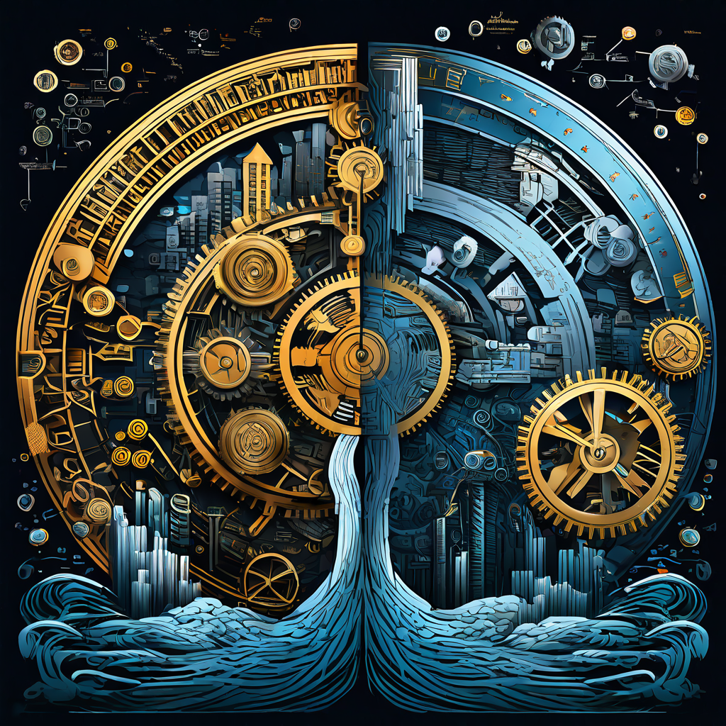 기계적 상호연결을 강조하는 전통적 경제 모델과 유동적 역동성을 강조하는 현대적 경제 모델을 추상적으로 나란히 비교하여 설명하는 개념 이미지입니다.