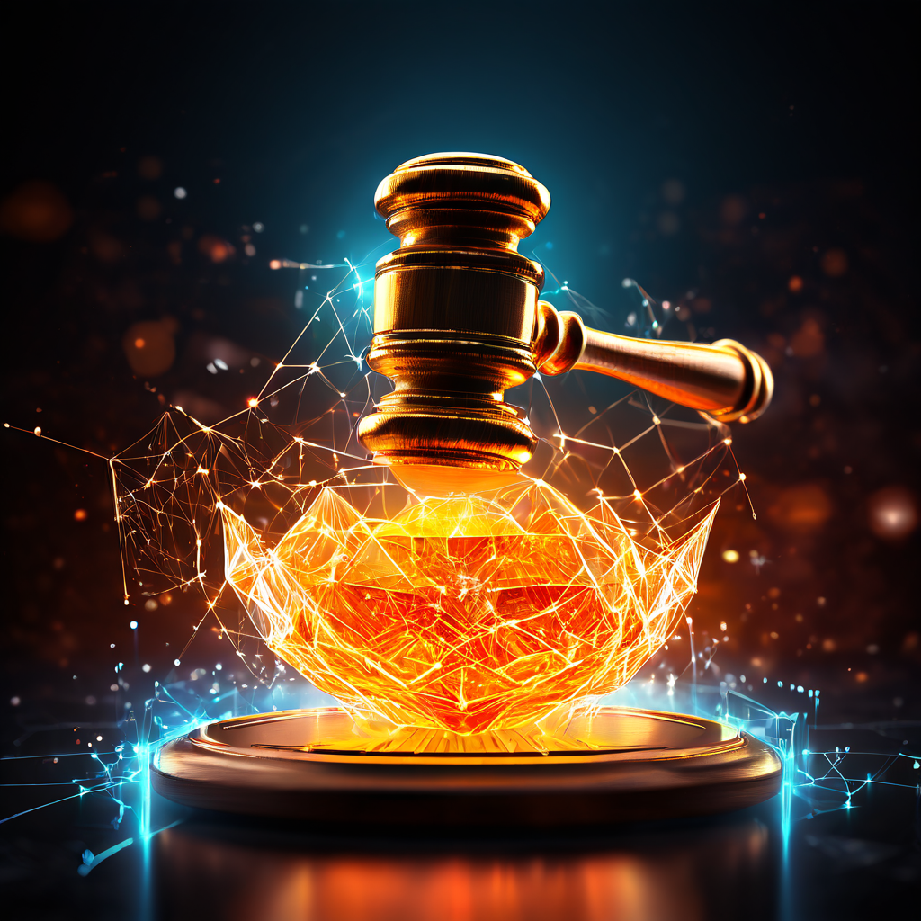 경매자가 블록체인 네트워크를 강타하며 수수료 변동과 시장 변동성을 상징하는 파동이 디지털 환경에 퍼져 나가는 모습을 표현한 이미지입니다.