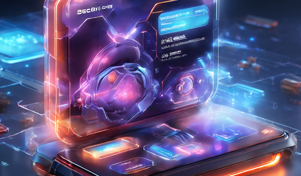 Futuristic digital interface showing search result highlights pointing toward an integrated wallet feature within a multi-game...