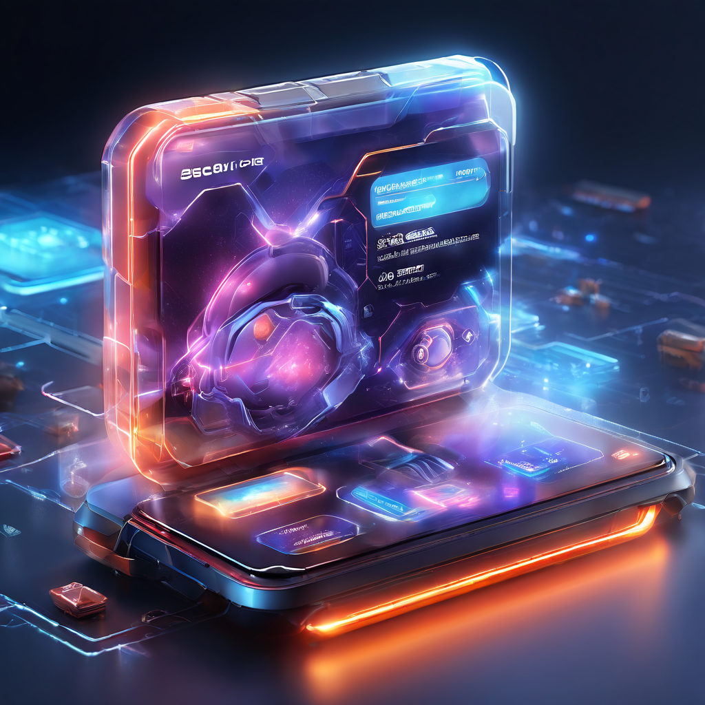 Futuristic digital interface showing search result highlights pointing toward an integrated wallet feature within a multi-game...