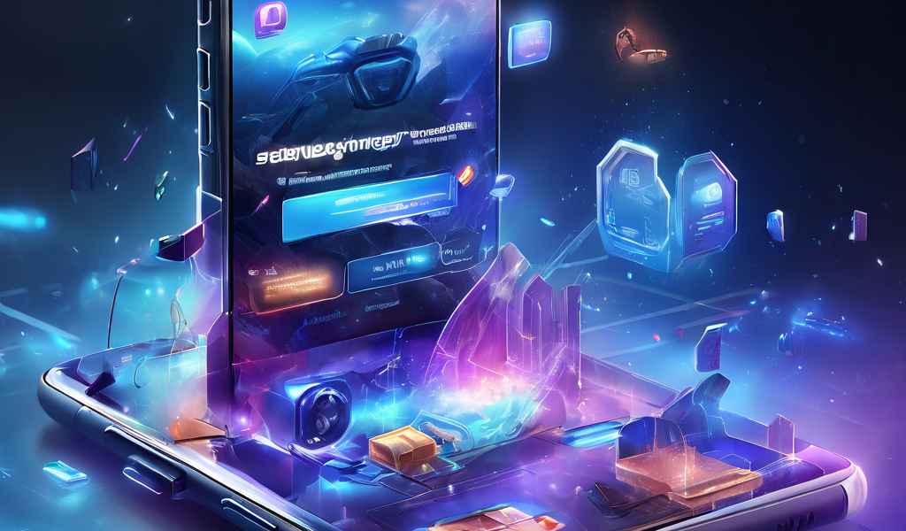 Futuristic digital interface showing mobile wallet sync status on a login screen, with glowing layered data paths and secure...