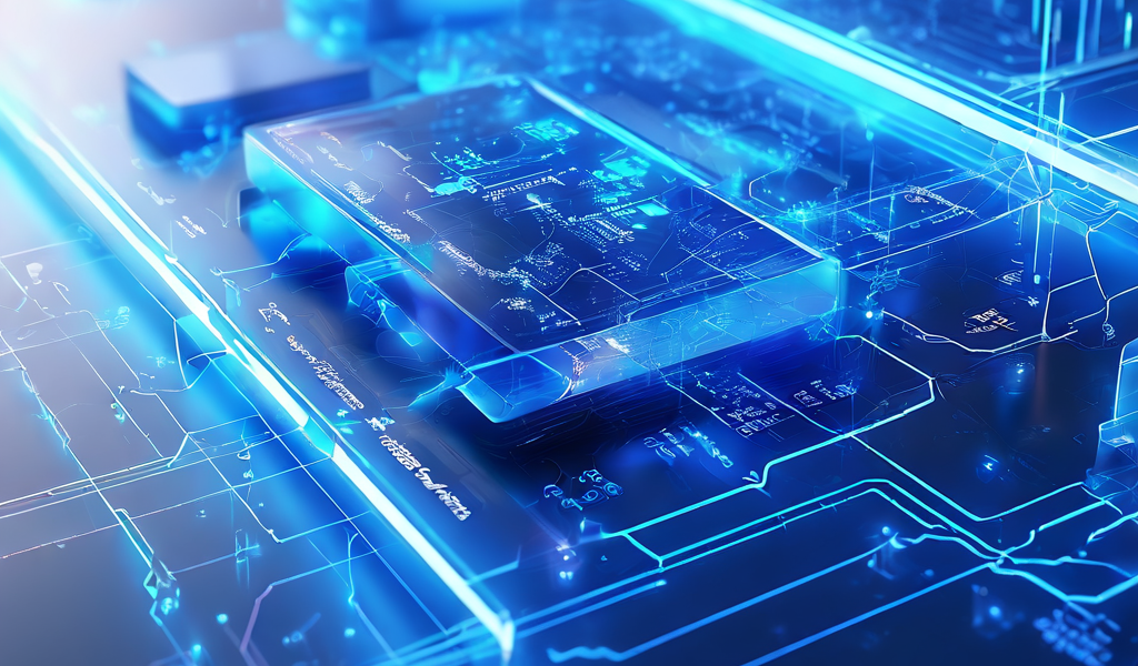 A close-up view of a futuristic digital interface showing layered data paths, secure online service flow, and repeated status...
