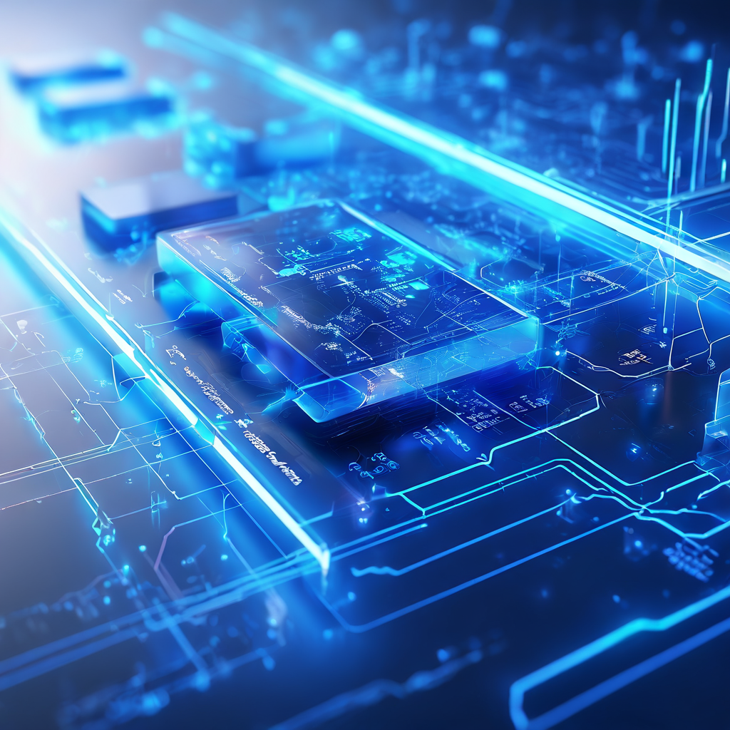 A close-up view of a futuristic digital interface showing layered data paths, secure online service flow, and repeated status...